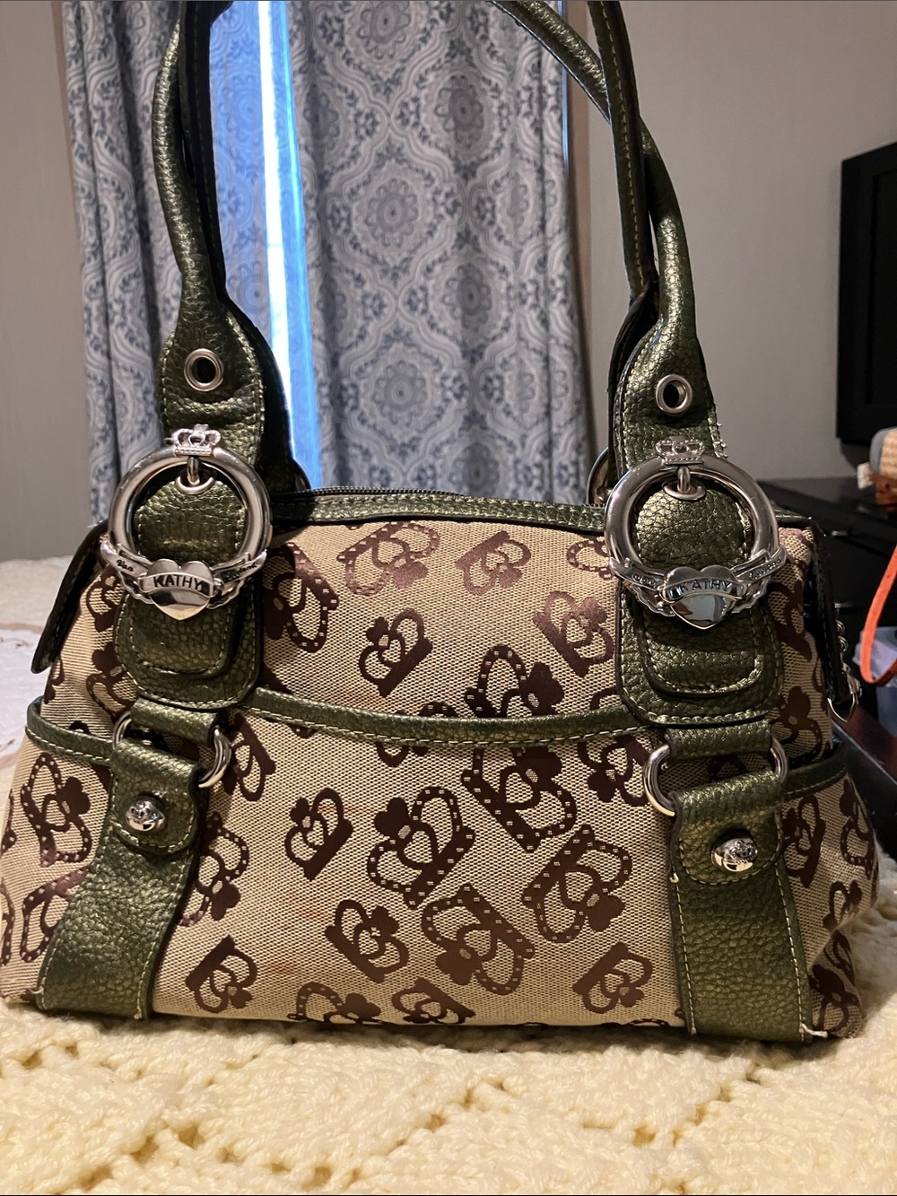 Kathy Van Zeeland Olive & Beige Monogram Shoulder Bag